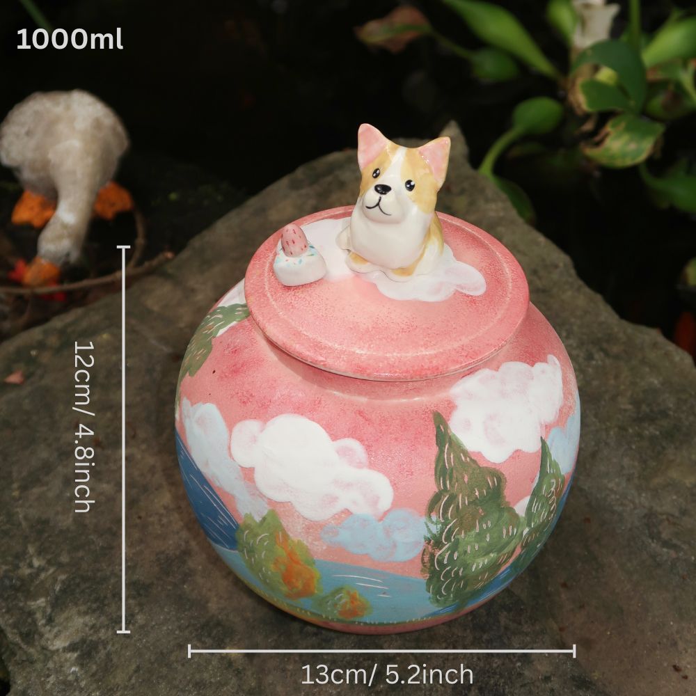Handgemachte Tierurne für Asche – Keramikurne mit 3D-Haustierfigur-Deckel, personalisierte Hunde- oder Katzen-Gedenkurne