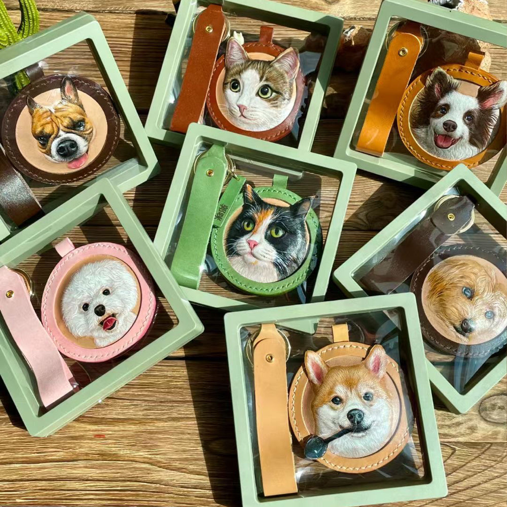 Handgefertigter Leder-Schlüsselanhänger mit Haustierporträt – Maßgefertigter Hunde- oder Katzen-Gesichtsanhänger – Ein bedeutungsvolles Erinnerungsgeschenk für Tierliebhaber
