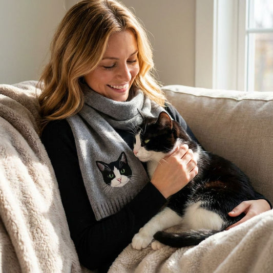 🧣 Personalisierter Strickschal mit Tierportrait – Kuscheliger Schal für Tierliebhaber