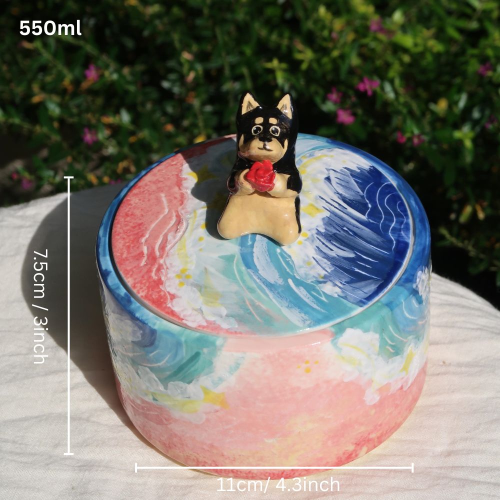 Handgemachte Tierurne für Asche – Keramikurne mit 3D-Haustierfigur-Deckel, personalisierte Hunde- oder Katzen-Gedenkurne